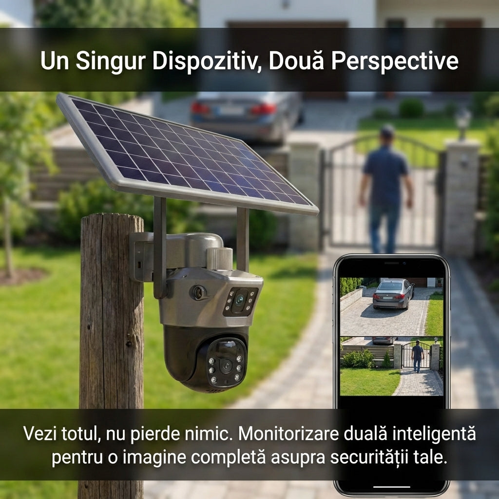 Cameră Supraveghere Solară Dubla WIFI Exterior, Lentilă Dublă 4MP, Detectare Umanoid PIR, Night Vision Color, IP66, Baterie 12000mAh
