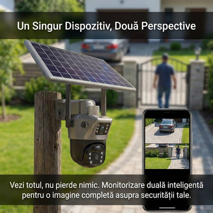 Cameră Supraveghere Solară Dubla WIFI Exterior, Lentilă Dublă 4MP, Detectare Umanoid PIR, Night Vision Color, IP66, Baterie 12000mAh