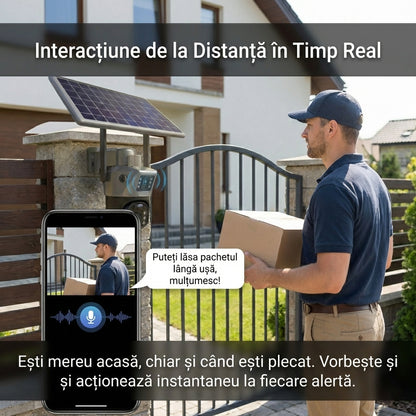 Cameră Supraveghere Solară Dubla WIFI Exterior, Lentilă Dublă 4MP, Detectare Umanoid PIR, Night Vision Color, IP66, Baterie 12000mAh