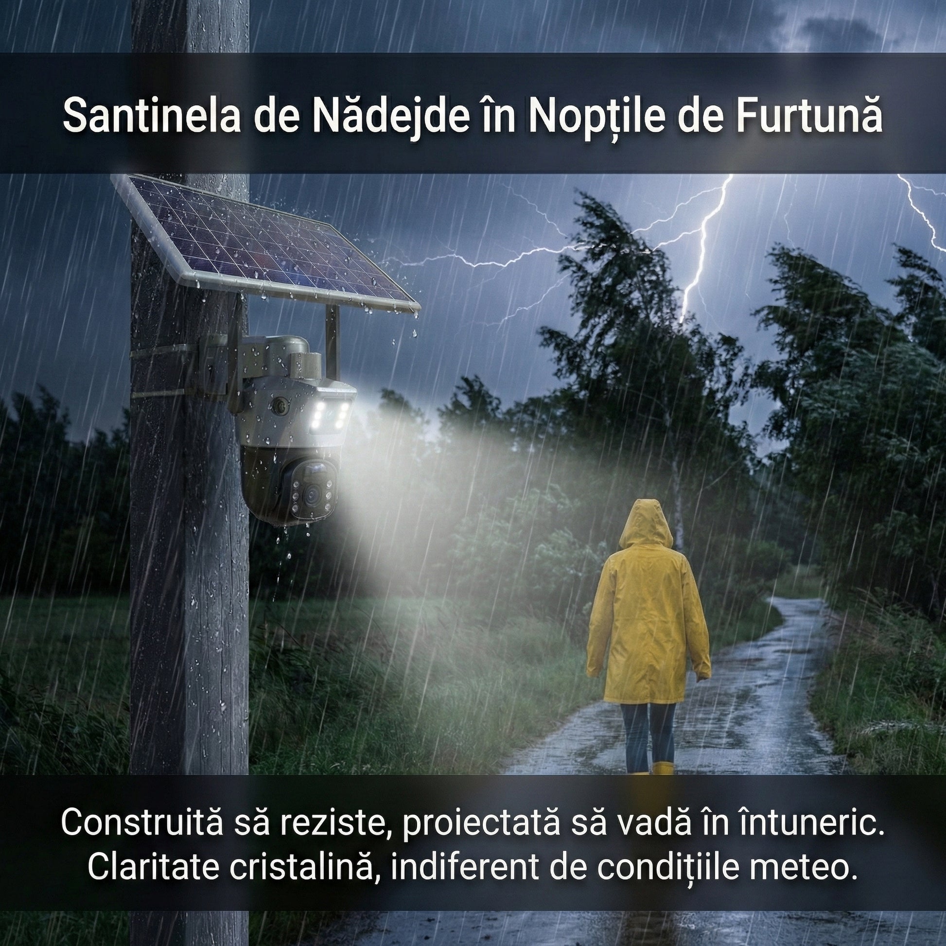 Cameră Supraveghere Solară Dubla WIFI Exterior, Lentilă Dublă 4MP, Detectare Umanoid PIR, Night Vision Color, IP66, Baterie 12000mAh