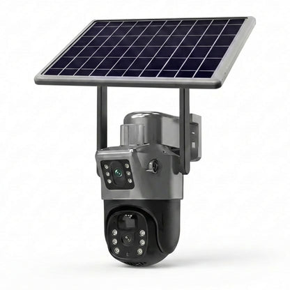 Cameră Supraveghere Solară Dubla WIFI Exterior, Lentilă Dublă 4MP, Detectare Umanoid PIR, Night Vision Color, IP66, Baterie 12000mAh