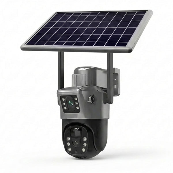 Cameră Supraveghere Solară Dubla WIFI Exterior, Lentilă Dublă 4MP, Detectare Umanoid PIR, Night Vision Color, IP66, Baterie 12000mAh