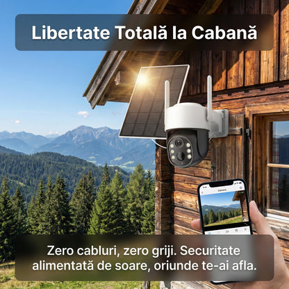 Cameră Supraveghere Solară WiFi PTZ 4MP, Exterior, Acumulator 7800mAh, Detecție Umană PIR, Night Vision Color, IP66, Model TQ5