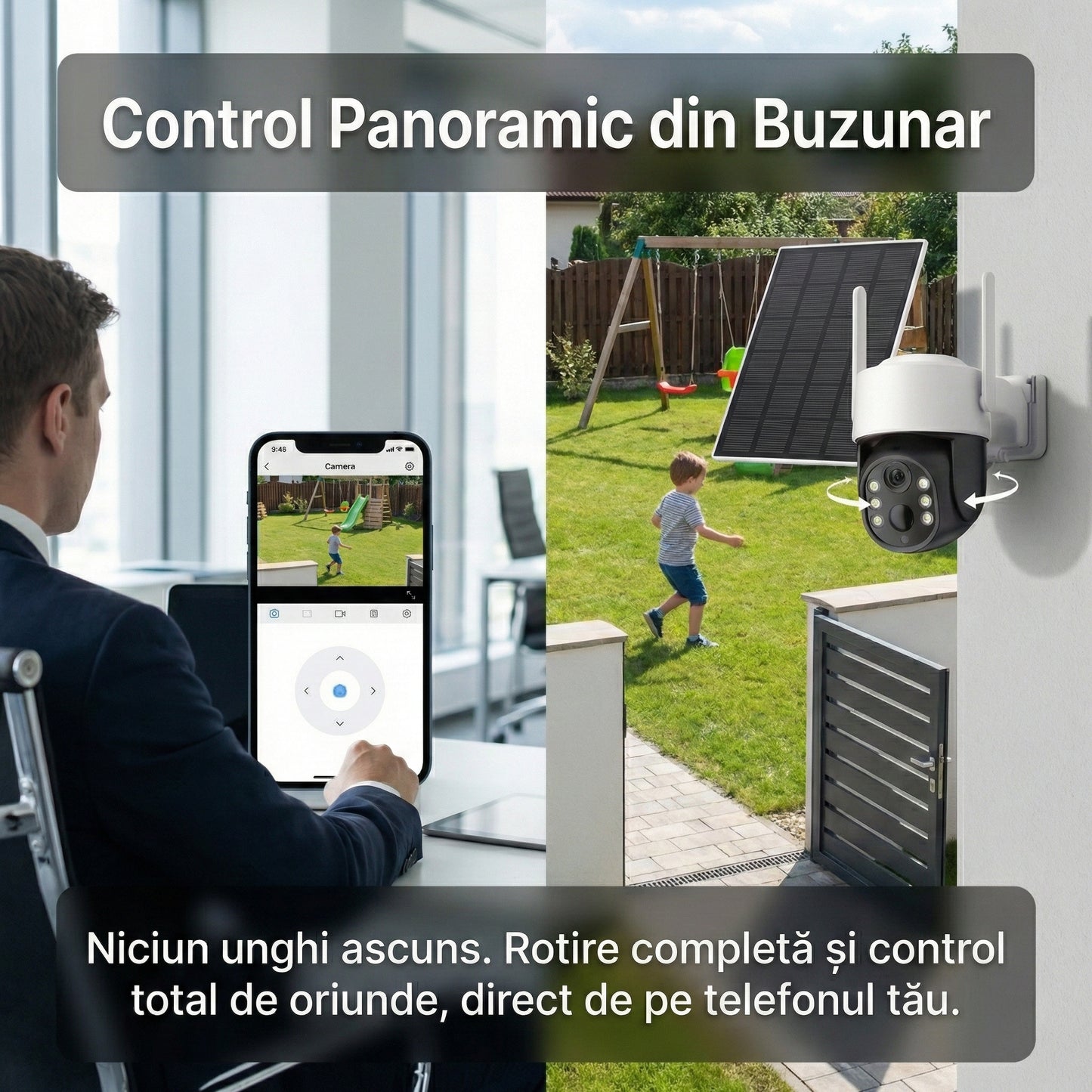 Cameră Supraveghere Solară WiFi PTZ 4MP, Exterior, Acumulator 7800mAh, Detecție Umană PIR, Night Vision Color, IP66, Model TQ5