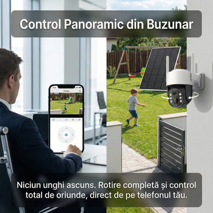 Cameră Supraveghere Solară WiFi PTZ 4MP, Exterior, Acumulator 7800mAh, Detecție Umană PIR, Night Vision Color, IP66, Model TQ5