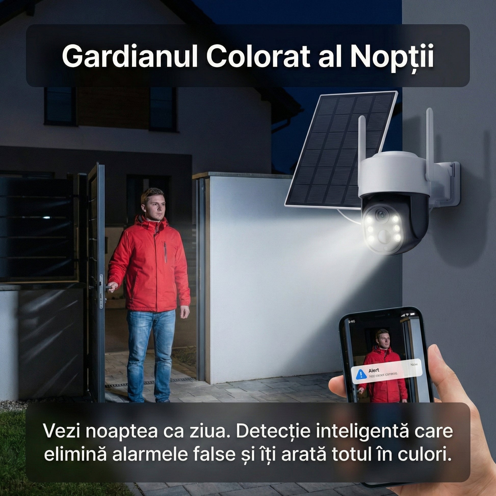 Cameră Supraveghere Solară WiFi PTZ 4MP, Exterior, Acumulator 7800mAh, Detecție Umană PIR, Night Vision Color, IP66, Model TQ5