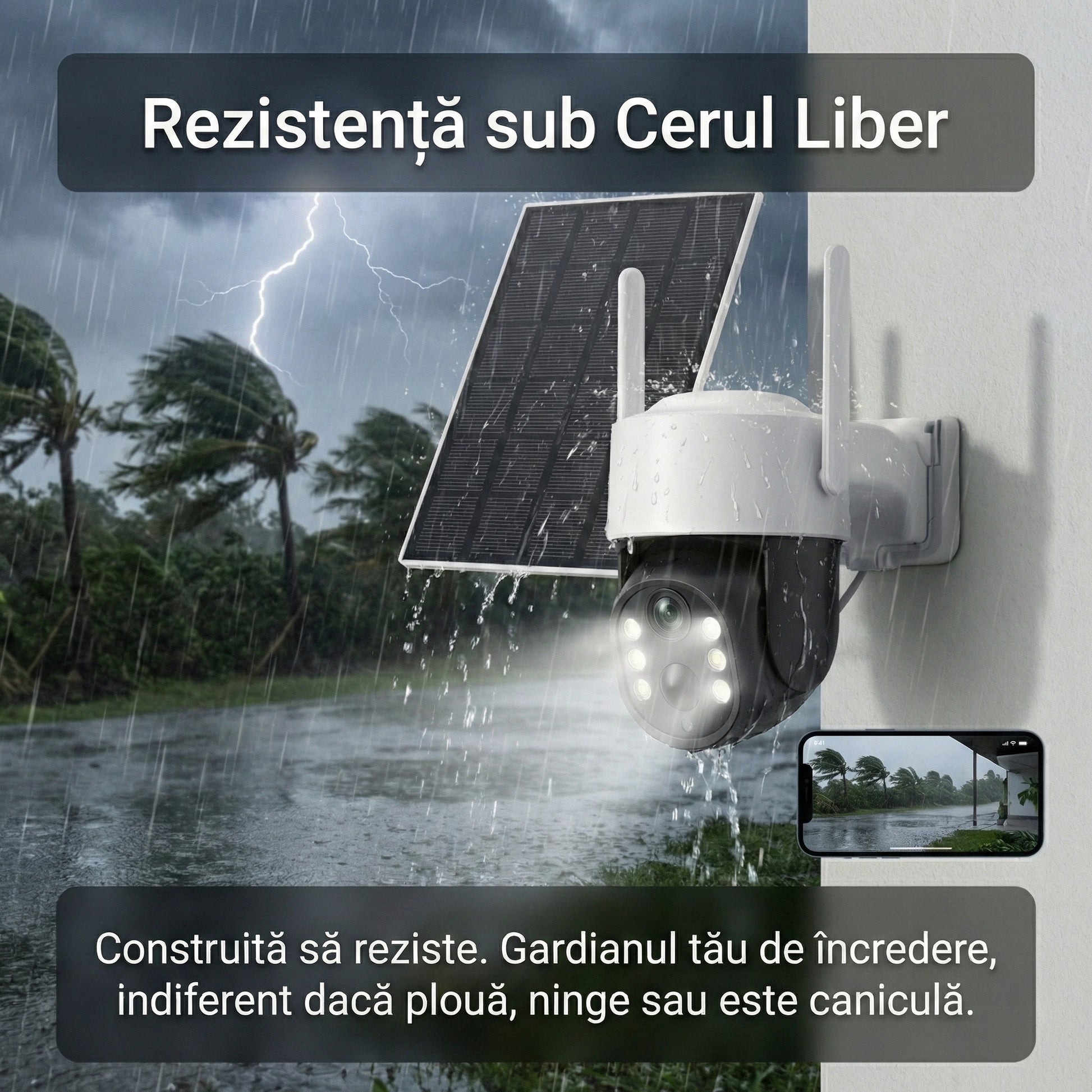 Cameră Supraveghere Solară WiFi PTZ 4MP, Exterior, Acumulator 7800mAh, Detecție Umană PIR, Night Vision Color, IP66, Model TQ5