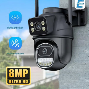 Cameră WiFi de Supraveghere 8MP cu Două Lentile și Zoom 4X – Mini Cameră CCTV pentru Exterior, Rezistentă la Apă,