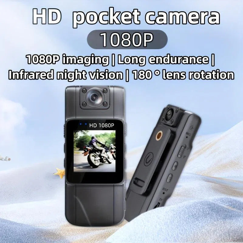 Cameră compactă de buzunar HD 1080P cu obiectiv rotativ la 180°, vedere pe timp de noapte și baterie de 1000mAh