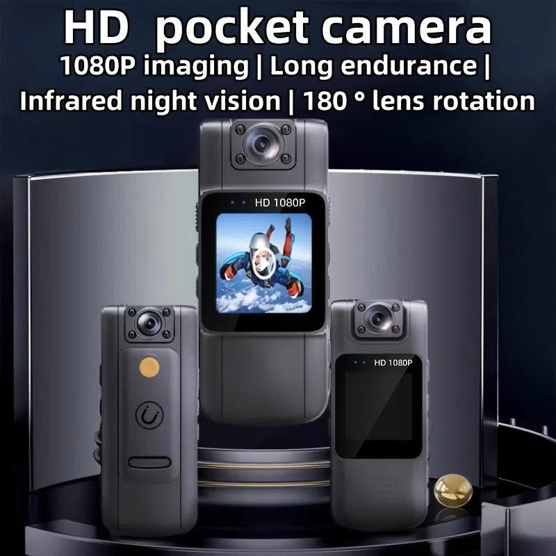 Cameră compactă de buzunar HD 1080P cu obiectiv rotativ la 180°, vedere pe timp de noapte și baterie de 1000mAh