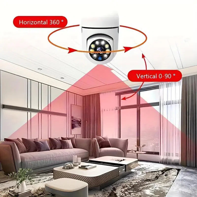 Cameră de Securitate tip Bec E27 – Cameră WiFi Panoramică 360° cu Detectare Mișcare și Audio Bidirecțional