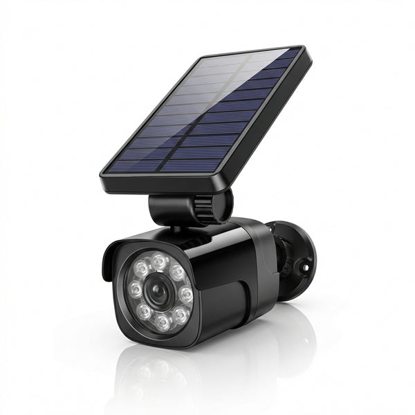 Cameră de Supraveghere Falsă (Dummy) cu Panou Solar, LED Roșu Intermitent, Senzor de Mișcare, Aspect Realist, IP44