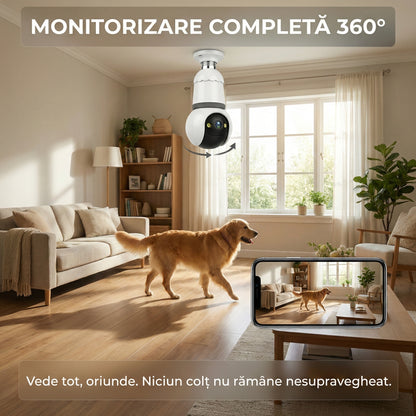 Cameră de Supraveghere Wireless Tip Bec 3MP cu Card 32GB Inclus, Rotație 360°, Night Vision și Aplicație Mobilă