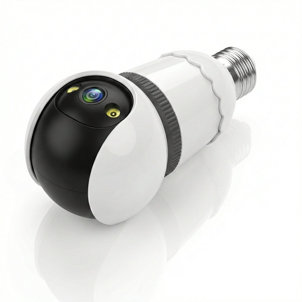 Cameră de Supraveghere Wireless Tip Bec 3MP cu Card 32GB Inclus, Rotație 360°, Night Vision și Aplicație Mobilă