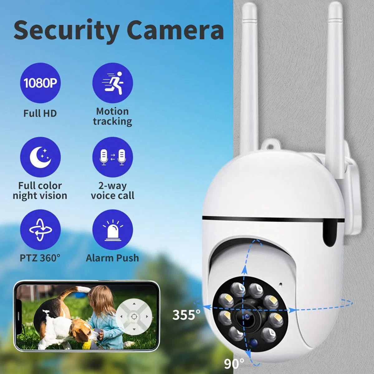 Cameră de securitate de exterior wireless HD 1080P - PTZ cu vizualizare 355°