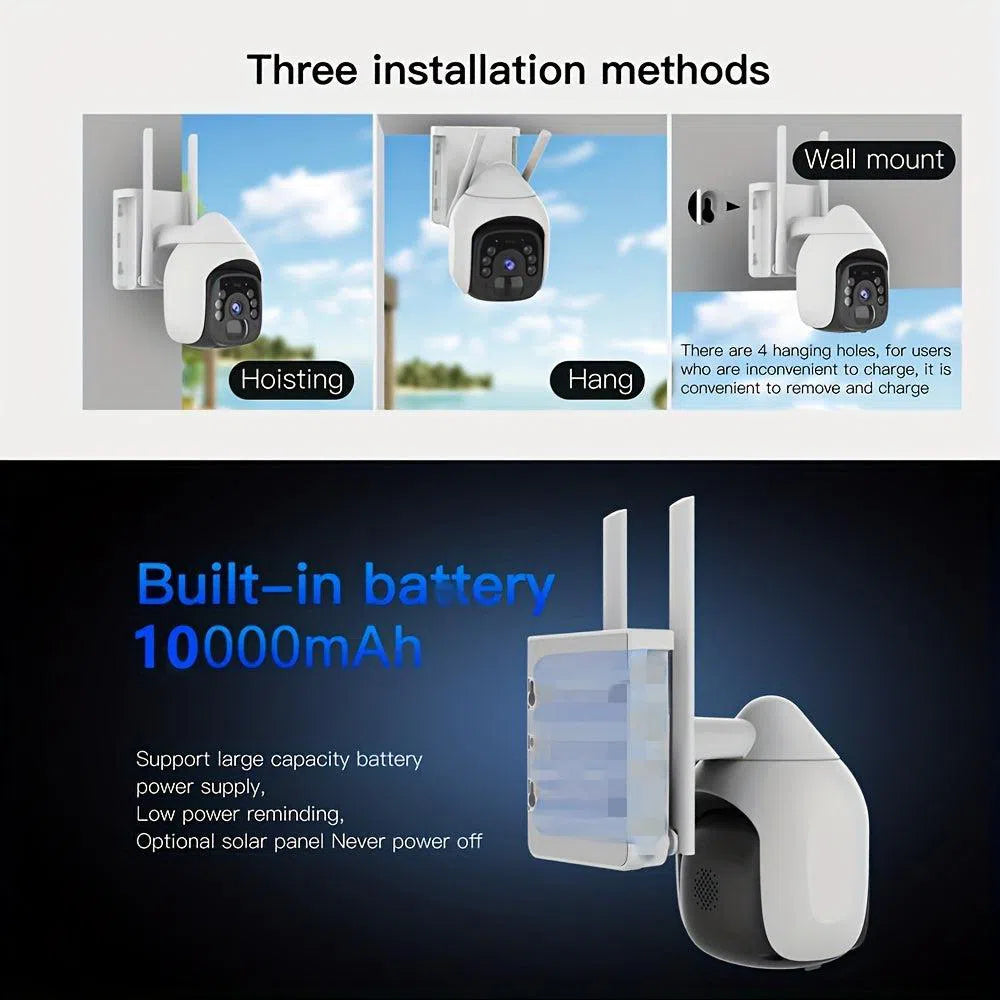 Camera de securitate solara wireless pentru exterior, 5MP 2K, Pan Tilt 360° cu baterie de 10,000mAh