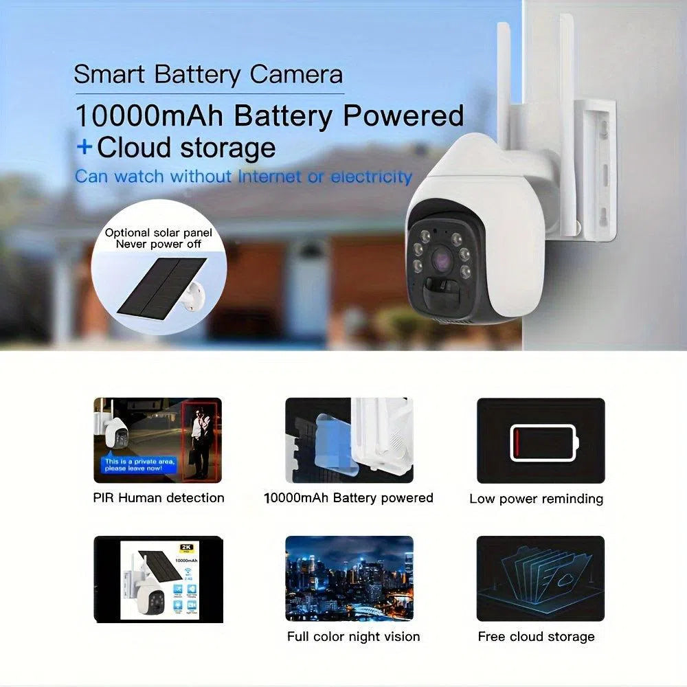 Camera de securitate solara wireless pentru exterior, 5MP 2K, Pan Tilt 360° cu baterie de 10,000mAh