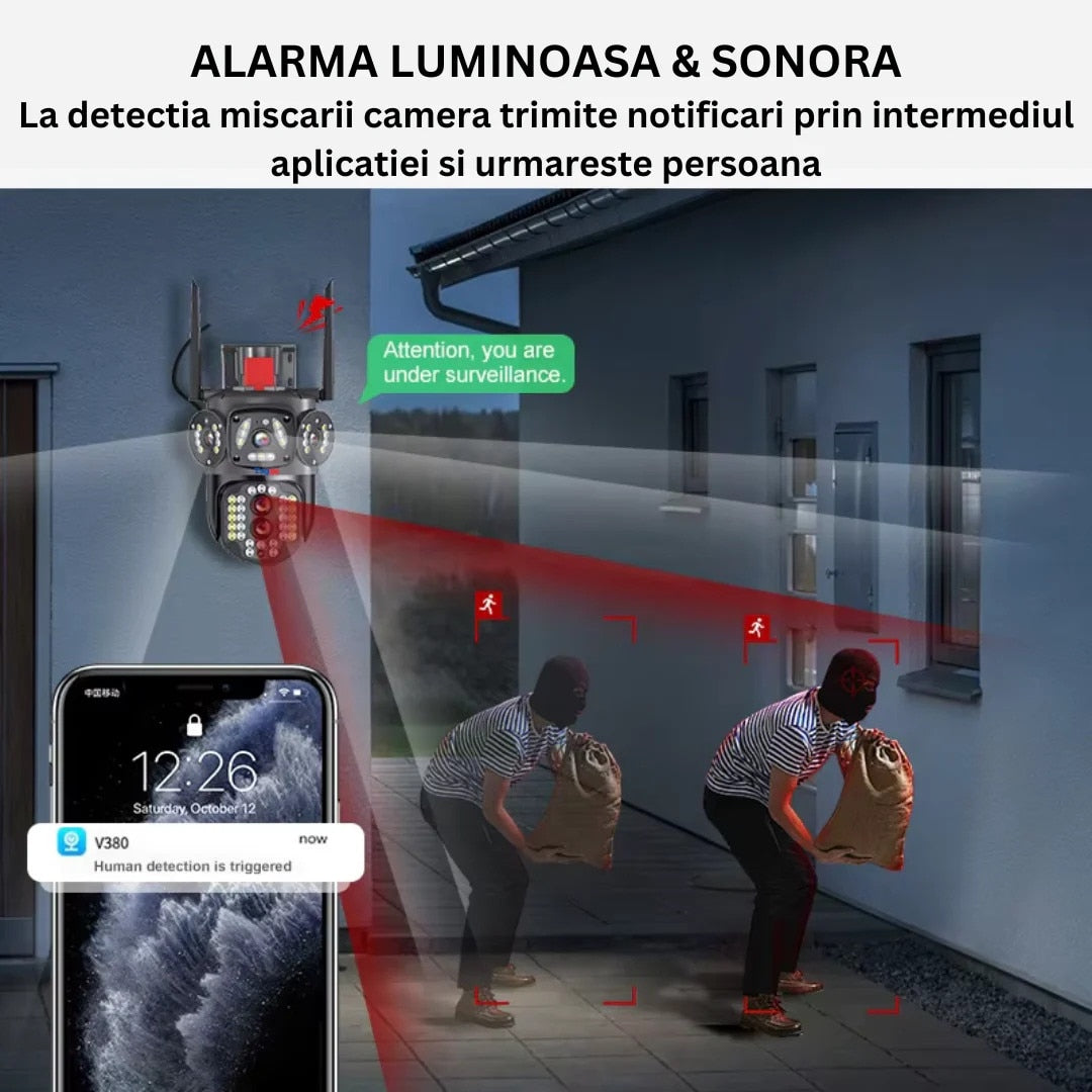 Camera de supraveghere WIFI/4G Zoom 10X, 3 Ecrane, Rezolutie 4K, Detectie umana, Urmarire automata, IP66