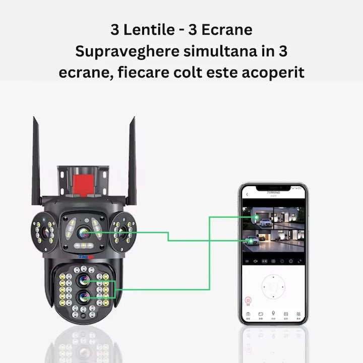 Camera de supraveghere WIFI/4G Zoom 10X, 3 Ecrane, Rezolutie 4K, Detectie umana, Urmarire automata, IP66