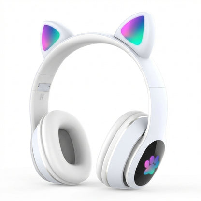 Căști Audio Wireless cu Urechi de Pisică și Iluminare LED RGB, Bluetooth 5.0, Sunet Stereo, Microfon Incorporat, Alb
