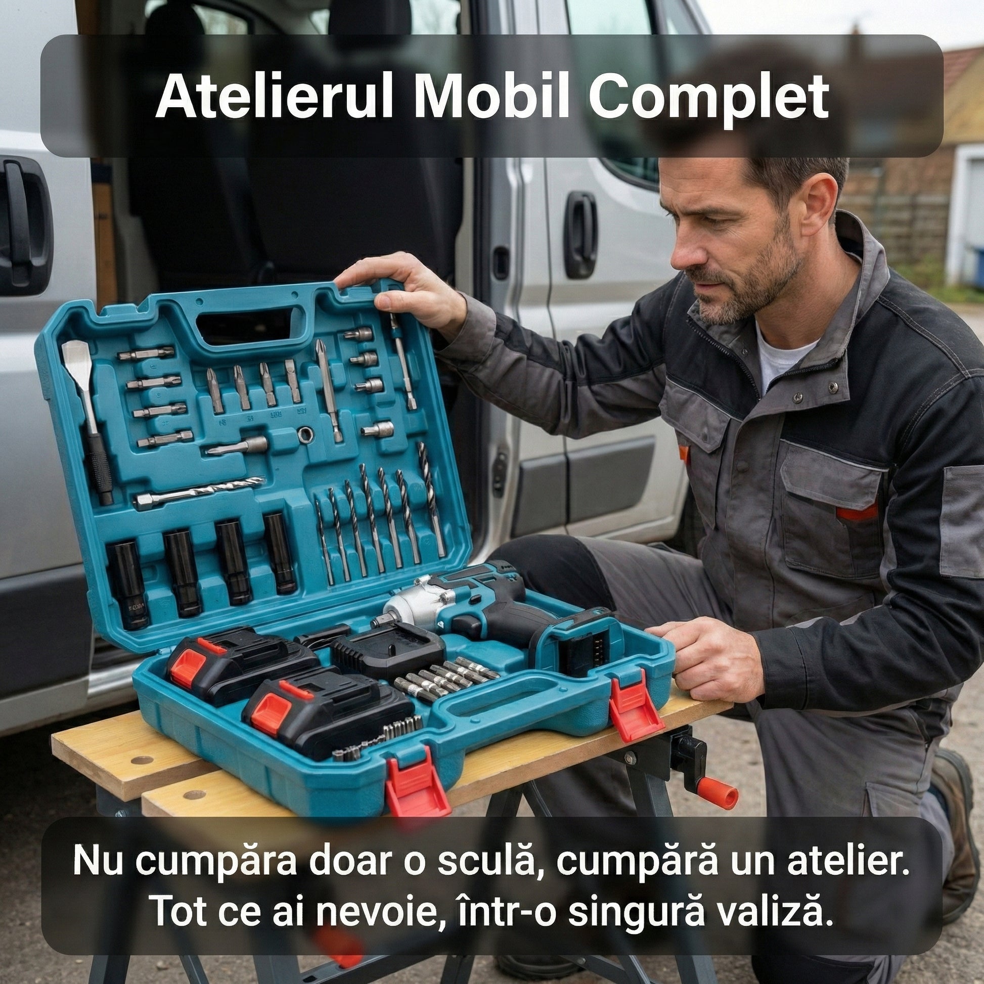 Cheie de Impact Electrică Brushless 48V, Compatibilă Makita, 2 Acumulatori, LED, Trusă Accesorii Inclusă, Turcoaz