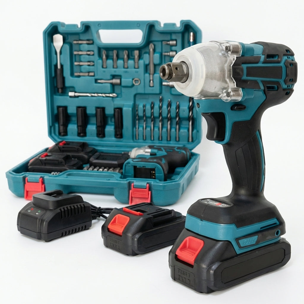 Cheie de Impact Electrică Brushless 48V, Compatibilă Makita, 2 Acumulatori, LED, Trusă Accesorii Inclusă, Turcoaz
