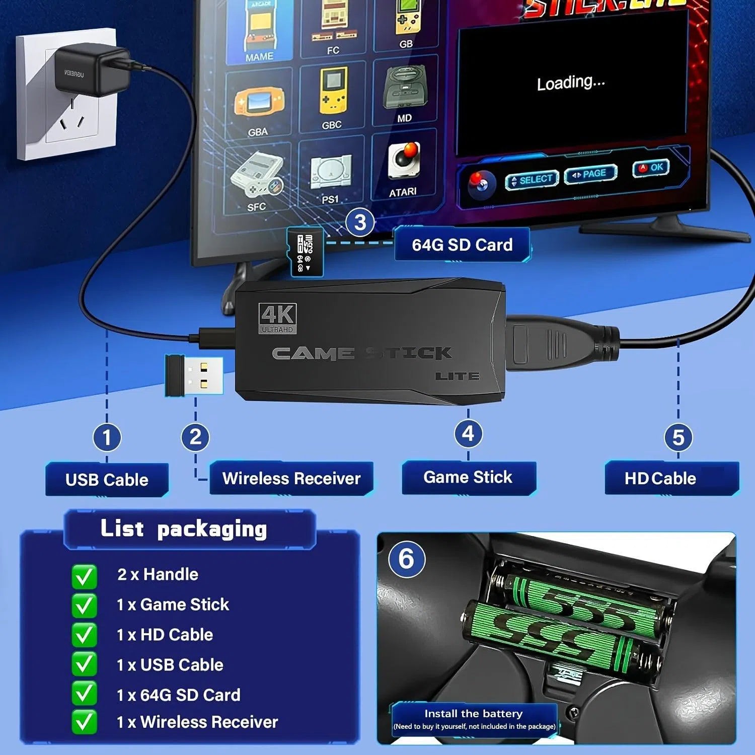 Consolă de jocuri retro Plug &amp; Play - Stick video portabil 3D cu controllere wireless duble și ieșire HDTV 4K