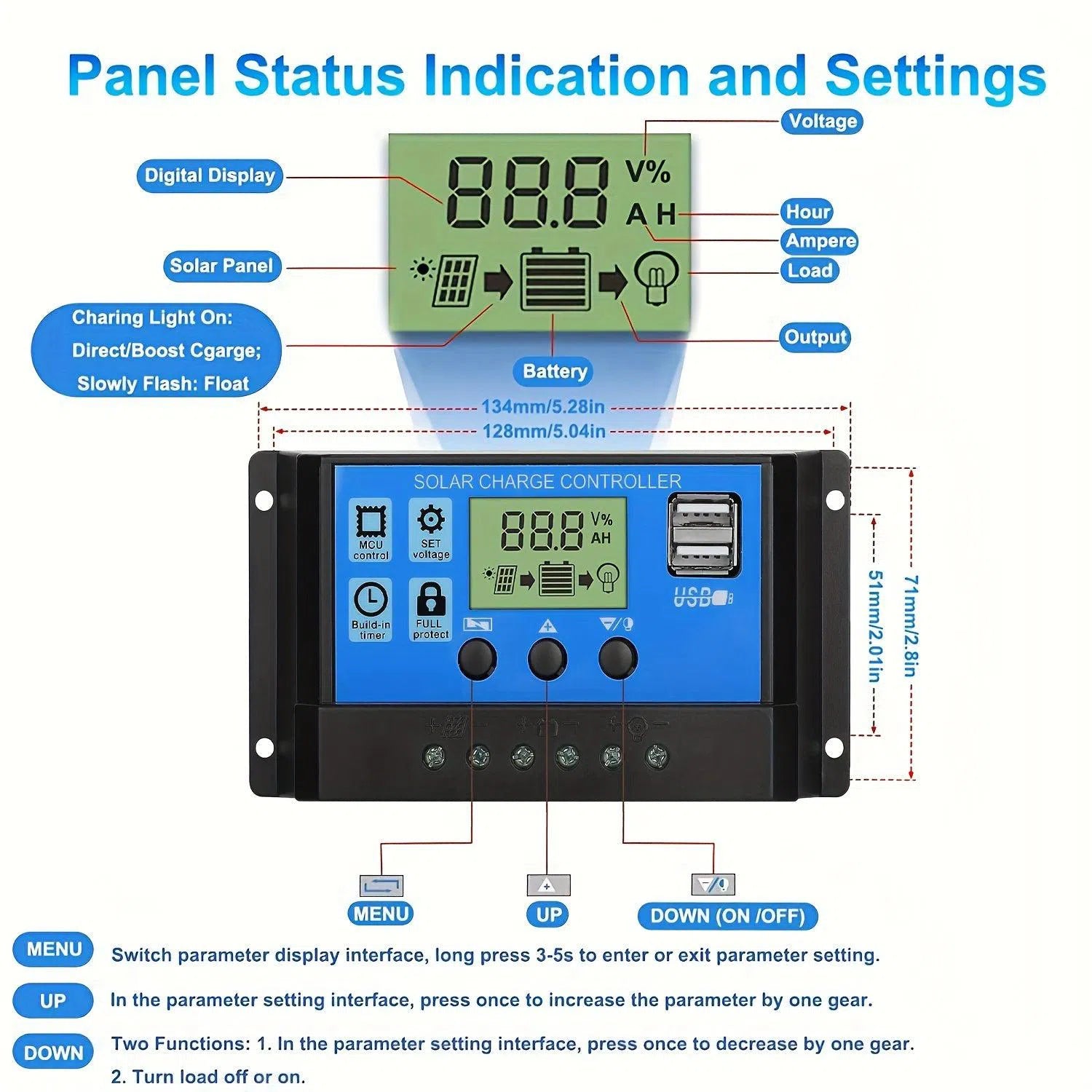 Controler Solar PWM 12V/24V cu Afișaj LCD și Regulator de Baterie - 1 Pachet, Port USB Dublu