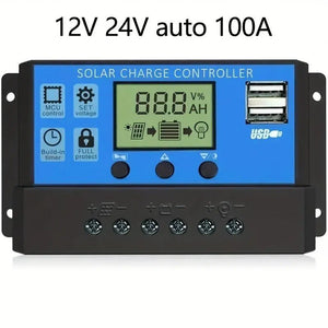 Controler de Încărcare Solară 12V/24V cu Afișaj LCD - Regulator pentru Baterie cu Port USB (10A/30A/50A/70A/90A/100A)