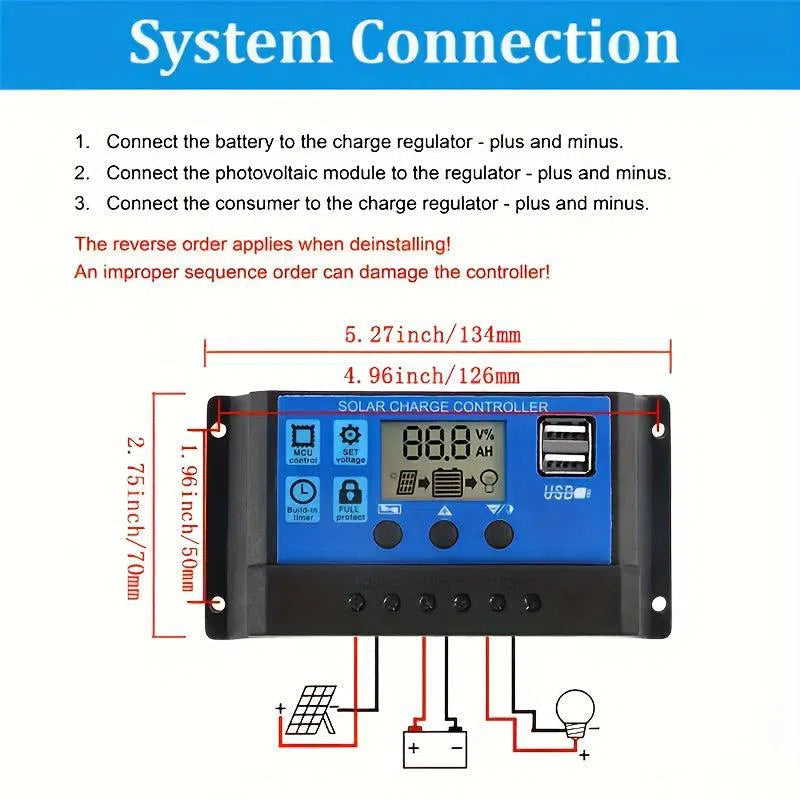 Controler de Încărcare Solară 12V/24V cu Afișaj LCD - Regulator pentru Baterie cu Port USB (10A/30A/50A/70A/90A/100A)