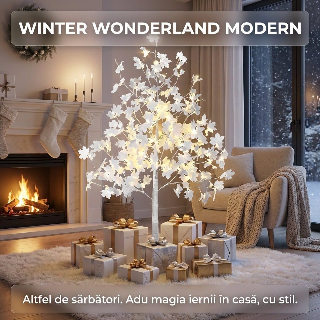 Copac Decorativ Artar Alb 180 cm cu LED-uri, Lumină Caldă, Design Realist pentru Interior și Grădină