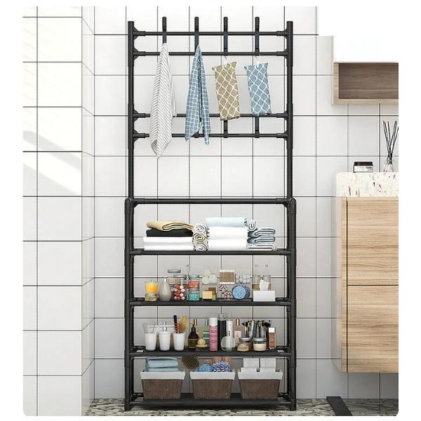 Cuier Metalic cu Rafturi, 4 Nivele pentru Organizare, Negru, Dimensiuni 60 x 29,5 x 154 cm