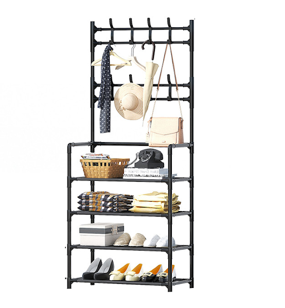 Cuier Metalic cu Rafturi, 4 Nivele pentru Organizare, Negru, Dimensiuni 60 x 29,5 x 154 cm