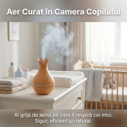 Difuzor Aromaterapie Ultrasonic 400ml cu Telecomandă, Umidificator Aer Cool Mist, LED 7 Culori, Timer, Design Lemn Stejar Deschis