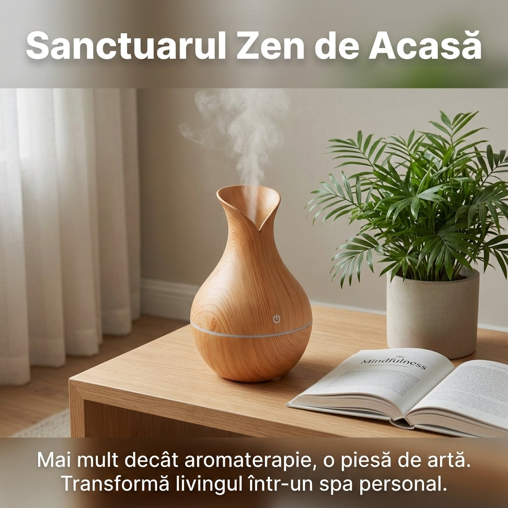 Difuzor Aromaterapie Ultrasonic 400ml cu Telecomandă, Umidificator Aer Cool Mist, LED 7 Culori, Timer, Design Lemn Stejar Deschis