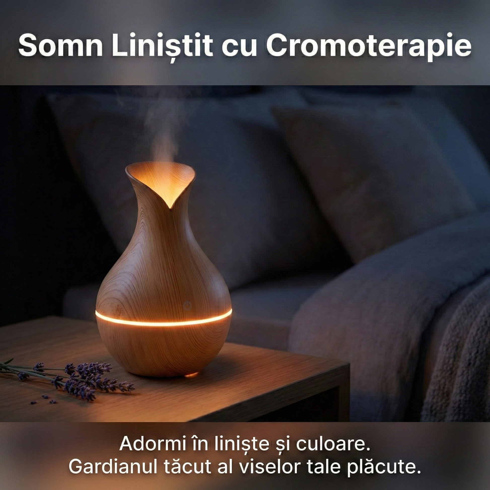 Difuzor Aromaterapie Ultrasonic 400ml cu Telecomandă, Umidificator Aer Cool Mist, LED 7 Culori, Timer, Design Lemn Stejar Deschis