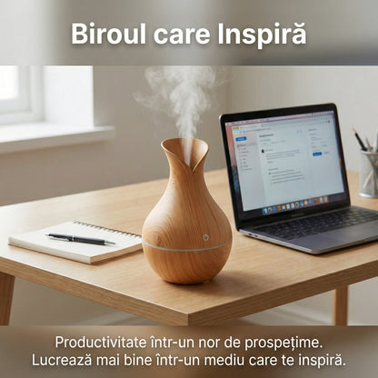 Difuzor Aromaterapie Ultrasonic 400ml cu Telecomandă, Umidificator Aer Cool Mist, LED 7 Culori, Timer, Design Lemn Stejar Deschis