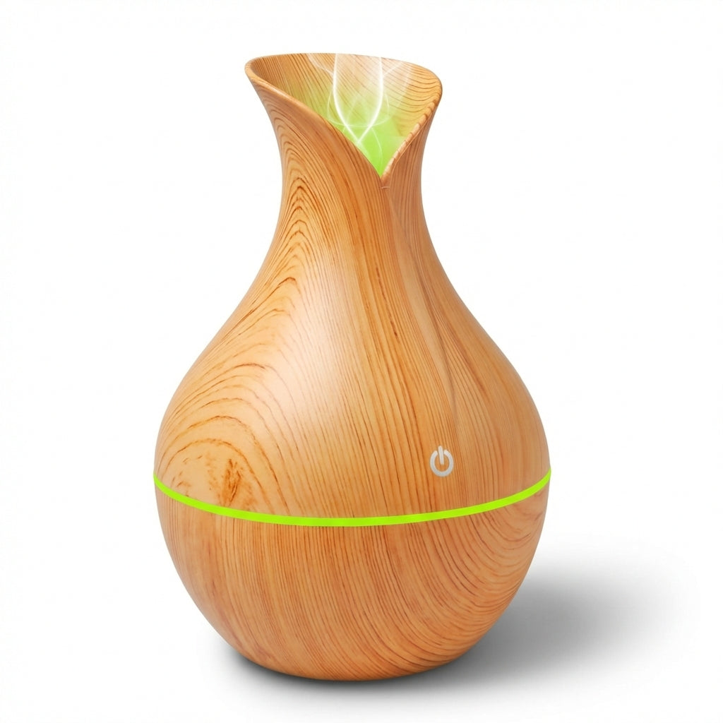 Difuzor Aromaterapie Ultrasonic 400ml cu Telecomandă, Umidificator Aer Cool Mist, LED 7 Culori, Timer, Design Lemn Stejar Deschis