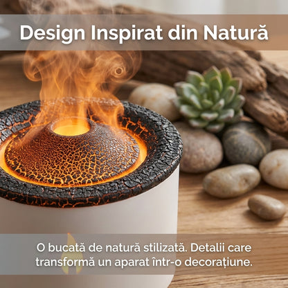 Difuzor Aromaterapie Vulcan 360ml cu Efect de Flacără, Umidificator Ultrasonic, 2 Moduri Ceață, Lumină Ambientală Roșu/Albastru, Telecomandă, Alb