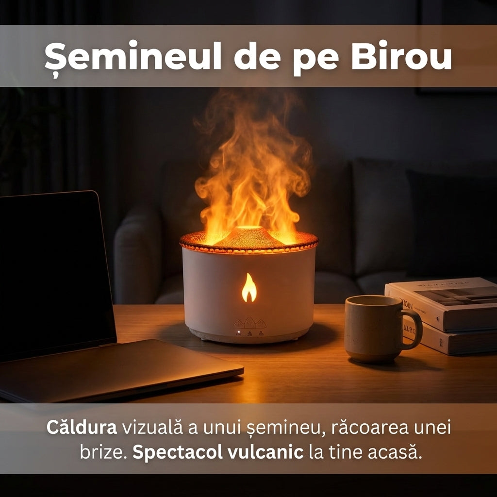 Difuzor Aromaterapie Vulcan 360ml cu Efect de Flacără, Umidificator Ultrasonic, 2 Moduri Ceață, Lumină Ambientală Roșu/Albastru, Telecomandă, Alb