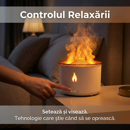 Difuzor Aromaterapie Vulcan 360ml cu Efect de Flacără, Umidificator Ultrasonic, 2 Moduri Ceață, Lumină Ambientală Roșu/Albastru, Telecomandă, Alb