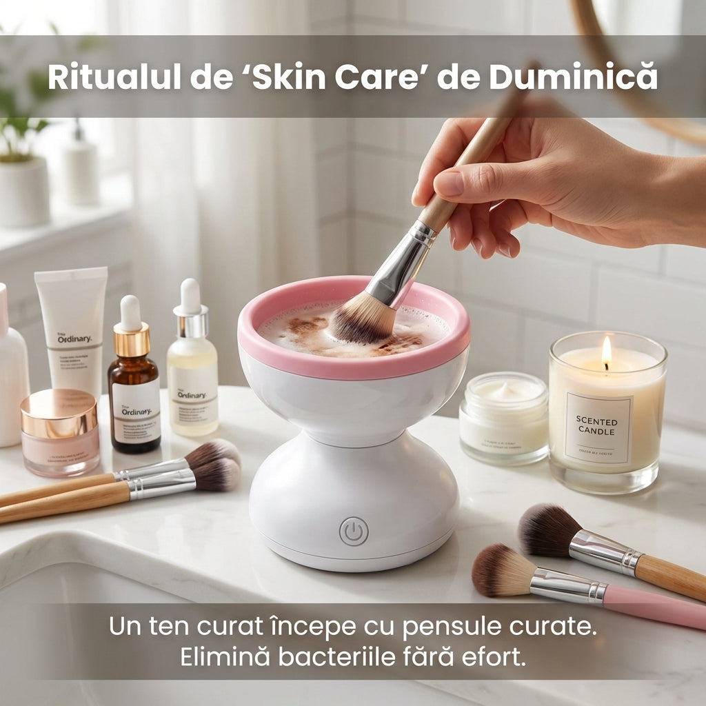 Dispozitiv Electric de Curățare Pensule Machiaj, Alimentare USB, Design Patentat din Silicon, Portabil, Alb/Roz