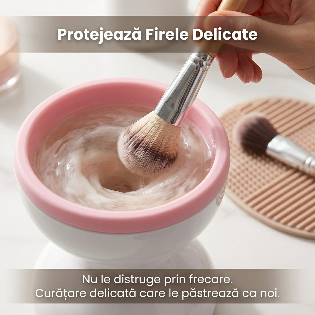 Dispozitiv Electric de Curățare Pensule Machiaj, Alimentare USB, Design Patentat din Silicon, Portabil, Alb/Roz