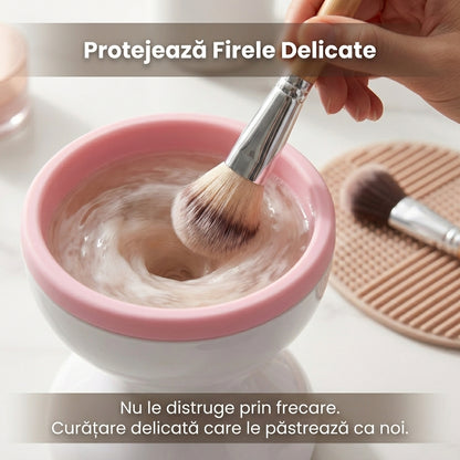 Dispozitiv Electric de Curățare Pensule Machiaj, Alimentare USB, Design Patentat din Silicon, Portabil, Alb/Roz