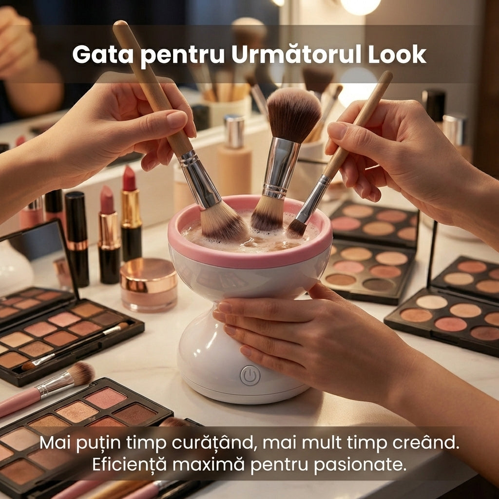 Dispozitiv Electric de Curățare Pensule Machiaj, Alimentare USB, Design Patentat din Silicon, Portabil, Alb/Roz