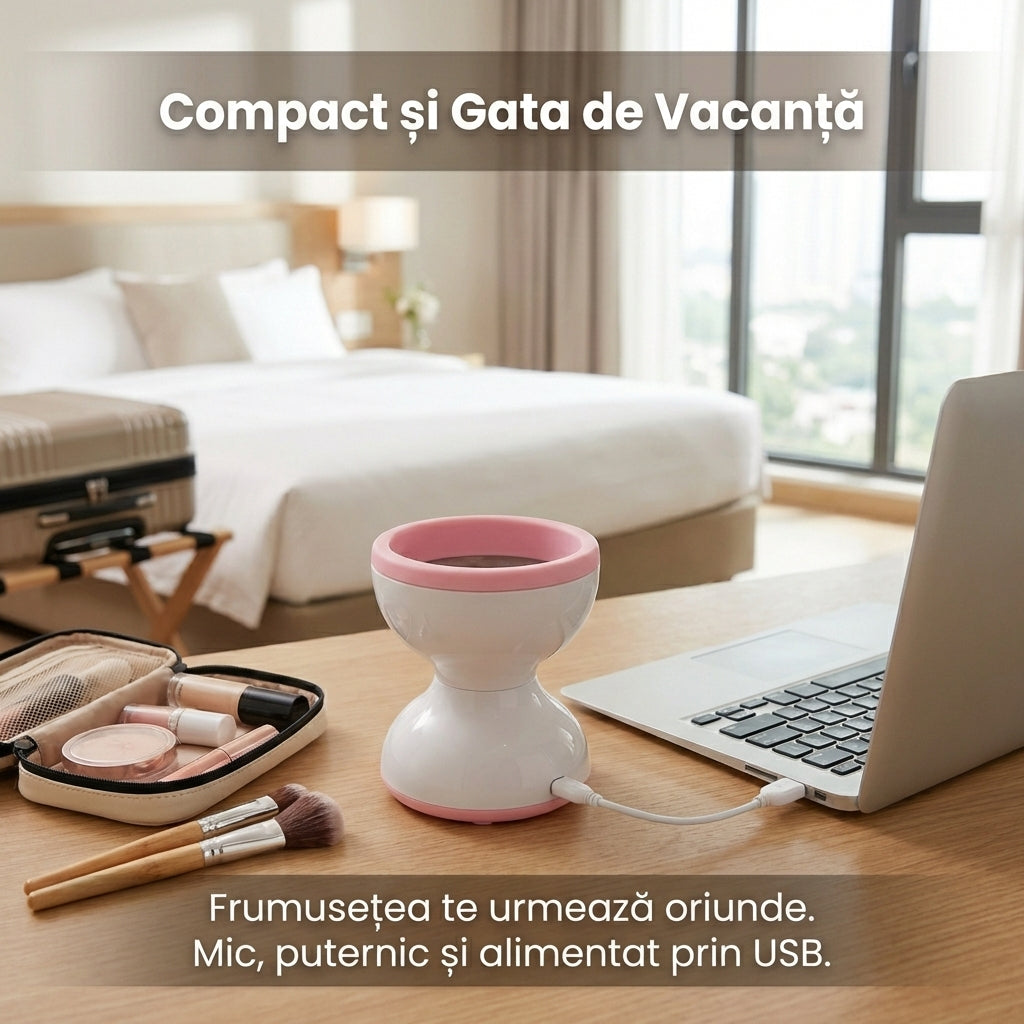 Dispozitiv Electric de Curățare Pensule Machiaj, Alimentare USB, Design Patentat din Silicon, Portabil, Alb/Roz