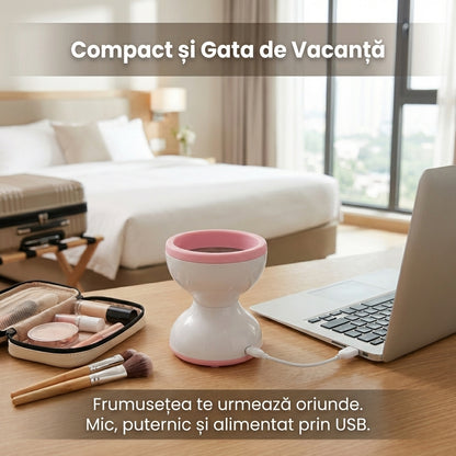 Dispozitiv Electric de Curățare Pensule Machiaj, Alimentare USB, Design Patentat din Silicon, Portabil, Alb/Roz