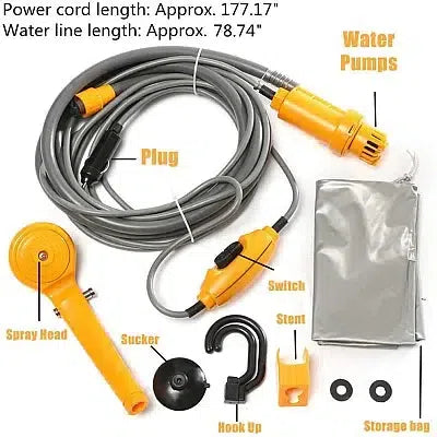 Duș Portabil Auto pentru Camping cu Pompa de Apă, Alimentare 12V + Accesorii