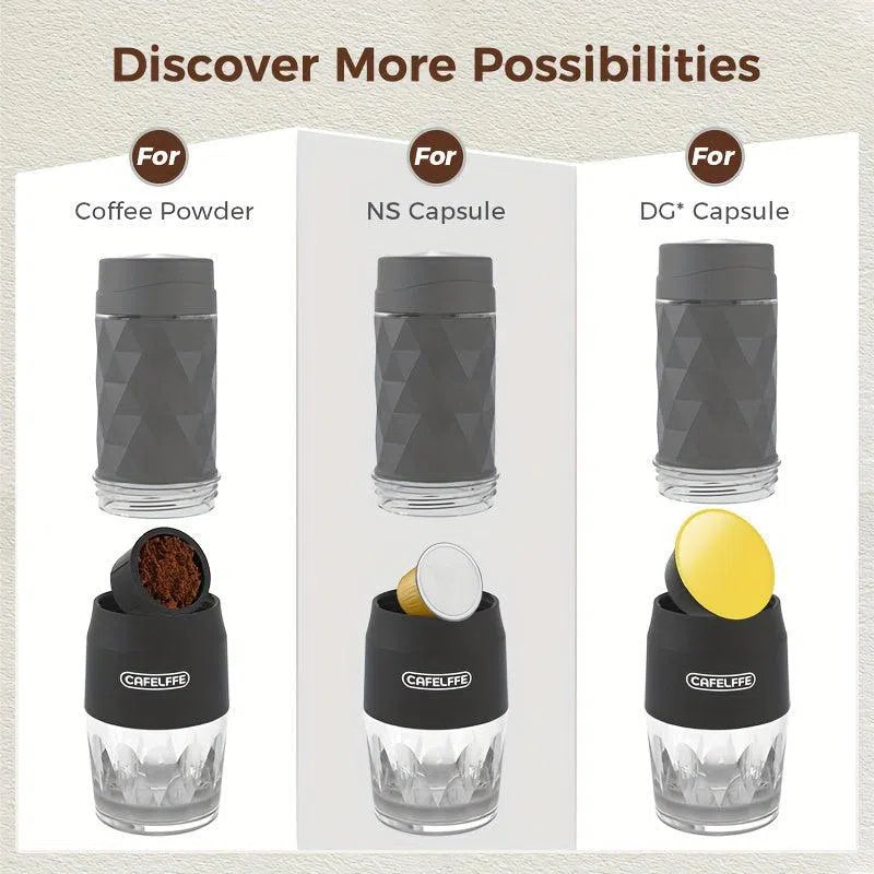 Espressor portabil 3 în 1 - compatibil cu capsule Nespresso, Dolce Gusto și cafea măcinată, ideal pentru acasă și călătorii