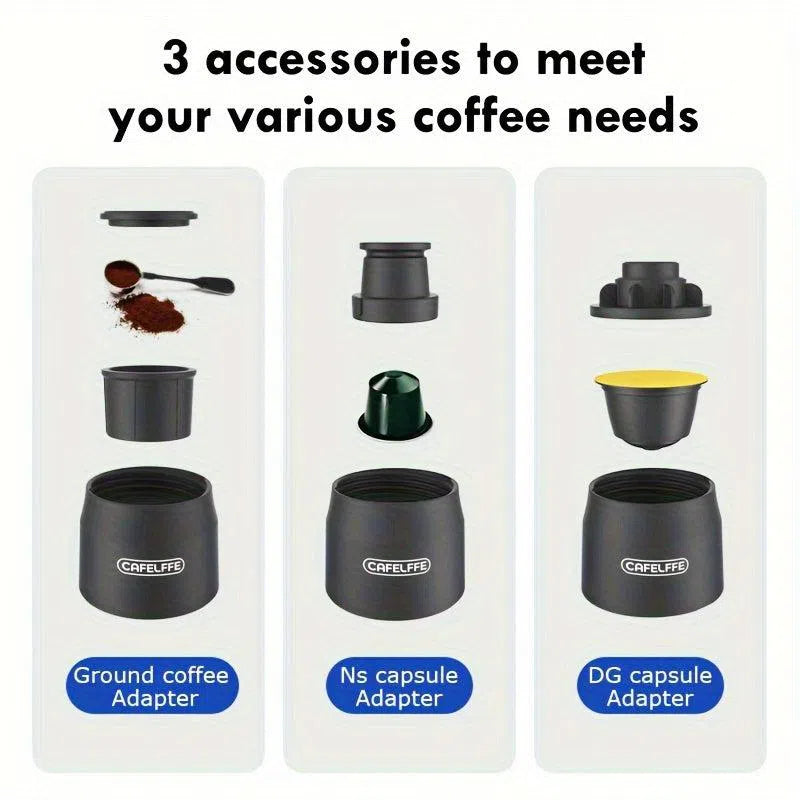 Espressor portabil 3 în 1 - compatibil cu capsule Nespresso, Dolce Gusto și cafea măcinată, ideal pentru acasă și călătorii